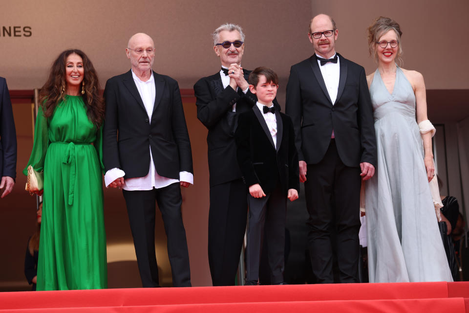 (L-R) Manuela Lucá-Dazio, Anselm Kiefer, Wim Wenders, Anton Wenders, Daniel Kiefer and Donata Wenders attend the "Anselm" red carpet during the 76th annual Cannes film festival at Palais des Festivals on May 17, 2023 in Cannes, France.