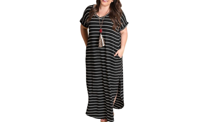 woman in striped maxi dress