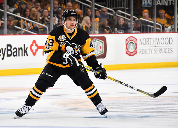 PITTSBURGH, PA - JANUARY 24: Conor Sheary #43 of the Pittsburgh Penguins skates against the St. Louis Blues at PPG Paints Arena on January 24, 2017 in Pittsburgh, Pennsylvania. (Photo by Joe Sargent/NHLI via Getty Images) *** Local Caption ***