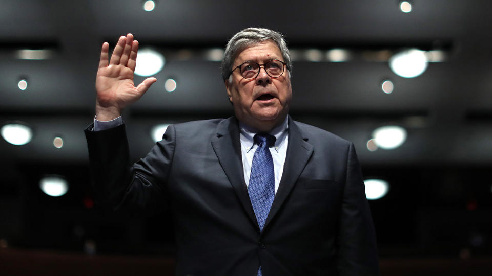 Attorney General William Barr is sworn in before testifying before the House Judiciary Committee on Capitol Hill in Washington, D.C., on Tuesday. (Photo by Chip Somodevilla/Getty Images)