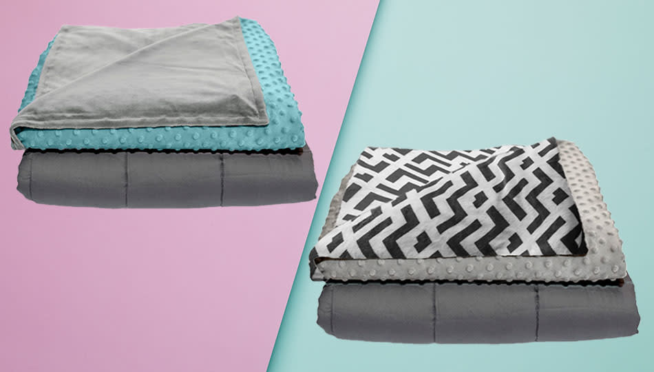 Two pattern options shown; top left shows a folded blanket with gray exterior, soft gray interior, and nubbly blue inner layer. The other shows a folded blanket with gray exterior, black and gray patterned interior, and soft, nubbly gray interior lining. 