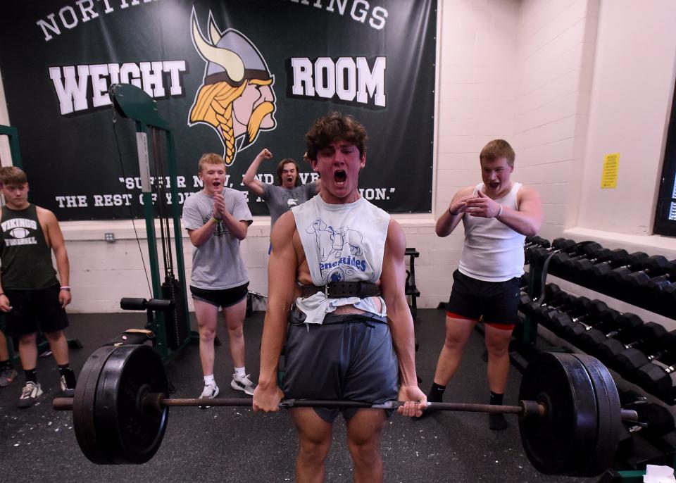 Northridge sophomore Cameron Brannigan competes in a deadlift competition during one of Northridge football's team camp days on Wednesday, July 27, 2022.