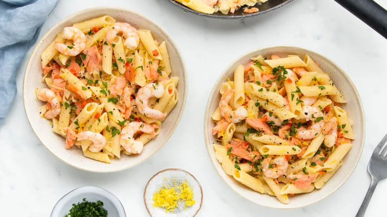 salmon and shrimp seafood pasta