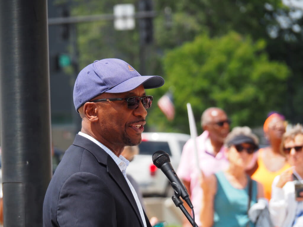 The Rev. Bobby Love of Second Baptist Church in Olathe said Thursday at a rally for resistance against white Christian nationalism that it was important for the future of democracy for people to set aside difference and bring unity to their lives. (Tim Carpenter/Kansas Reflector)