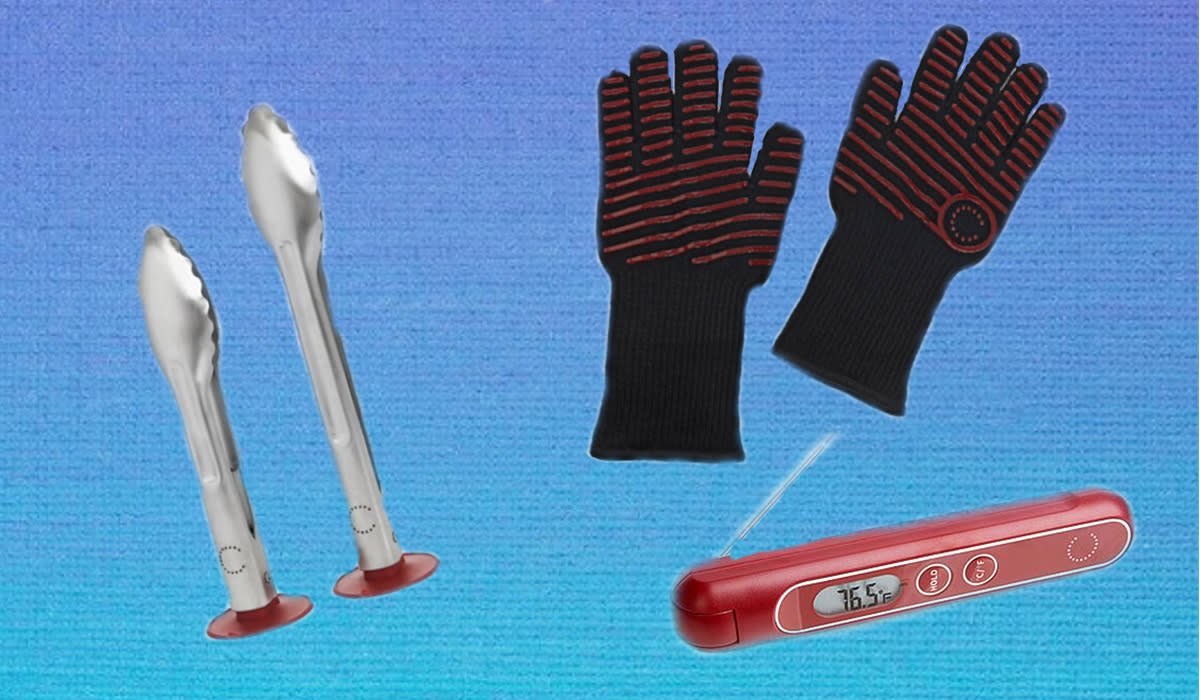tongs, gloves, and thermometer for the kitchen, all with red accents