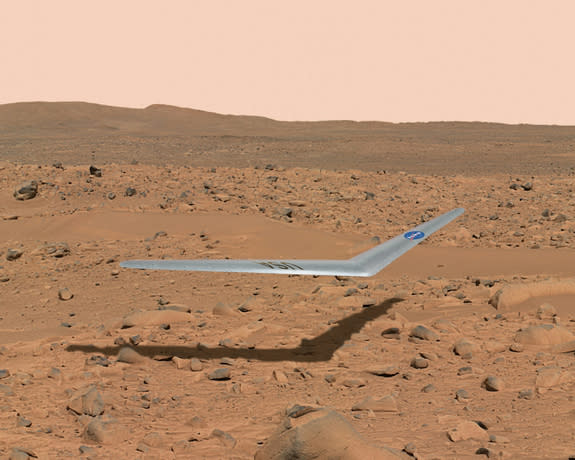 Artist's concept of a tiny glider cruising through the the skies of Mars.