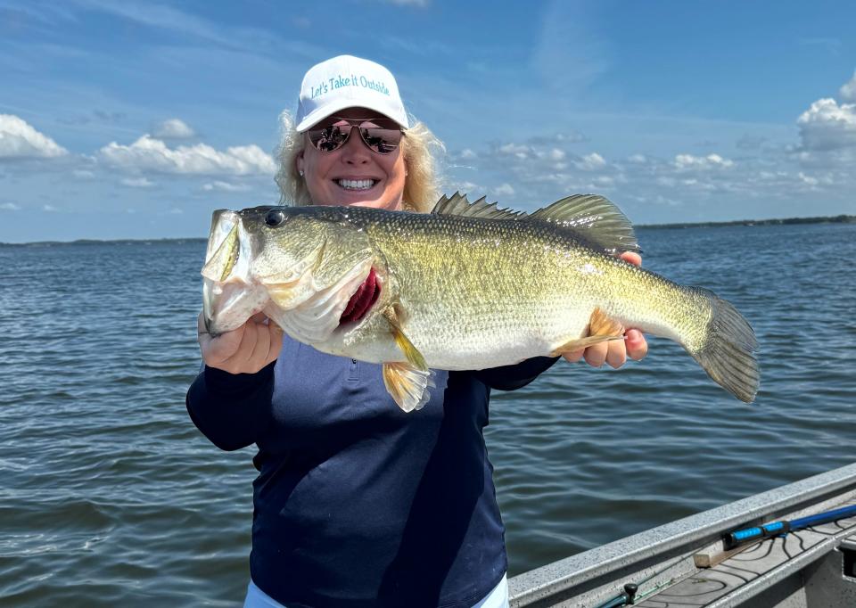 Misty Wells, from the Discovery Channel show "Let’s take it Outside," caught her personal best largemouth bass, weighing in at 8.4 pounds. She was fishing with Highland Park Fish Camp guide Capt. David Williamson.
