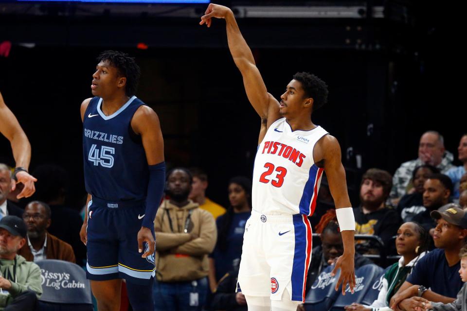 Pistons guard Jaden Ivey holds after shooting for 3 during the first half against the Grizzlies on Friday, April 5, 2024, in Memphis, Tennessee.