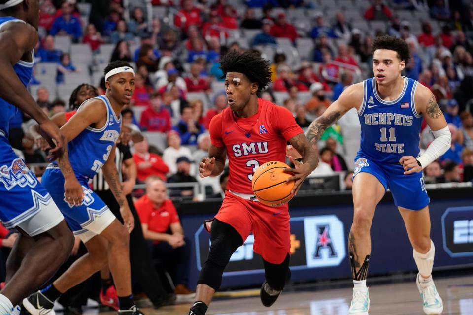 Mar 12, 2022; Fort Worth, TX, USA;  Southern Methodist Mustangs guard Kendric Davis (3) controls the ball against the Memphis Tigers during the second half at Dickies Arena. Mandatory Credit: Chris Jones-USA TODAY Sports