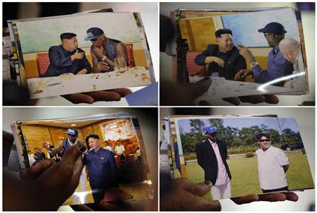 Former basketball star Dennis Rodman of the U.S. shows pictures he took with North Korean leader Kim Jong-un to the media, upon arrival at Beijing Capital International Airport, in this combination picture of frames shot September 7, 2013. REUTERS/Kim Kyung-Hoon