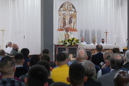 Pope Francis holds a service during the celebrations of the Holy Thursday at the District House of Velletri prison, in Velletri near Rome, Italy, April 18, 2019. Vatican Media/­Handout via REUTERS