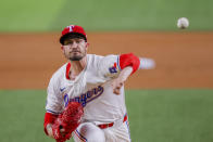 Texas Rangers pitcher Andrew Heaney delivers during the first inning of a baseball game against the Houston Astros, Monday, April 8, 2024, in Arlington, Texas. (AP Photo/Gareth Patterson)