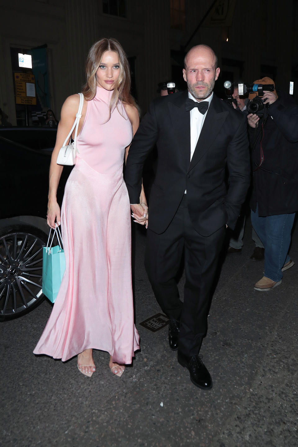 Rosie Huntington-Whiteley and Jason Statham seen attending Victoria Beckham's 50th birthday party at Oswald’s on April 20, 2024 in London, England. (Ricky Vigil M / Justin E Palmer / GC Images)