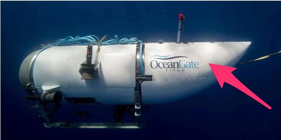 An annotated picture of the OceanGate submersible points to the white covering placed above the carbon-fiber hull.