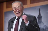 FILE - Senate Majority Leader Chuck Schumer of N.Y., speaks during a news conference, Dec. 22, 2022, after the passing of the omnibus on Capitol Hill in Washington. (AP Photo/Jacquelyn Martin, File)