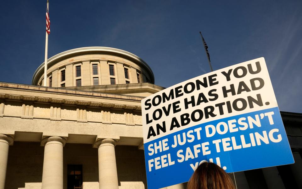 June 24, 2022; Columbus, Ohio, United States;  Hundreds of people rallied at the Ohio Statehouse and marched through downtown Columbus in support of abortion after the Supreme Court overturned Roe vs. Wade on Friday. Mandatory Credit: Barbara J. Perenic/Columbus Dispatch