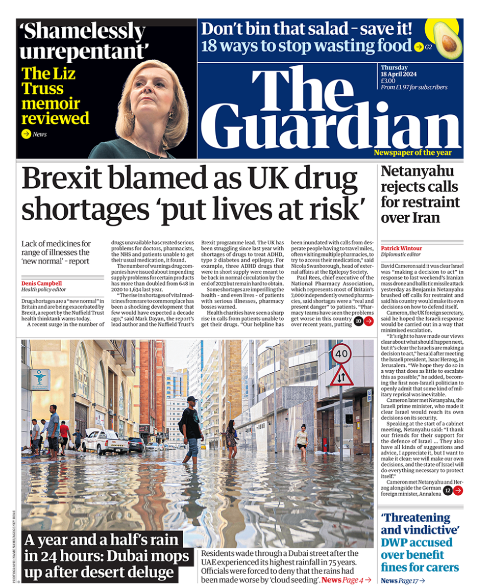 The headline in the Guardian reads: "Brexit blamed as UK drug shortages 'put lives at risk'".