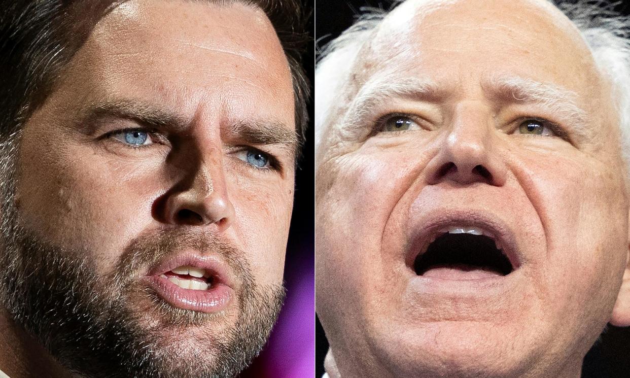 <span>JD Vance speaks in Philadelphia, Pennsylvania, on 6 August 2024 and Tim Walz speaks in Las Vegas, Nevada, on 10 August 2024.</span><span>Photograph: Ryan Collerdronda Churchill/AFP/Getty Images</span>