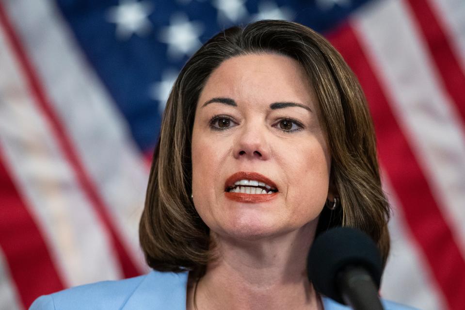 FILE - Rep. Angie Craig, D-Minn., speaks during a news conference on Capitol Hill on June 24, 2020, in Washington. Craig was assaulted in her Washington apartment building on Thursday, Feb. 9, 2023, her chief of staff said, but added that there was no evidence that the attack was politically motivated. (AP Photo/Manuel Balce Ceneta, File) ORG XMIT: NYAB410