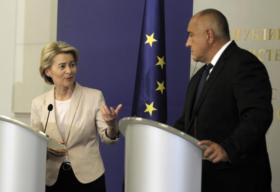 Ursula von der Leyen, President-elect of the European Commission speaks next to Bulgarian PM Boiko Borissov in Council of Ministers headquarter in Sofia, Bulgaria, Thursday, Aug. 29, 2019. The visit is part of the consultations with EU Member States leaders before the full membership of the new European Commission is presented. (AP Photo/Valentina Petrova)