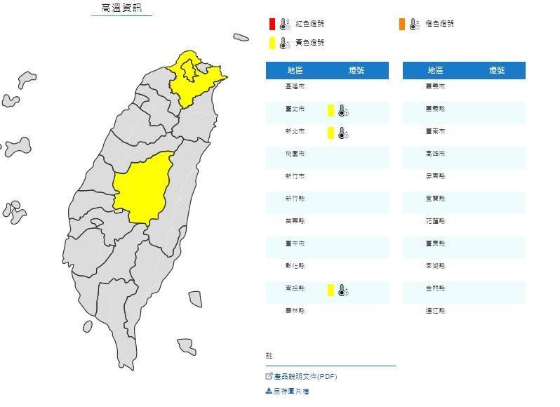 氣象局也針對3縣市發布高溫特報，中午前後台北盆地、南投縣近山區或河谷為黃色燈號。（翻攝自氣象局）