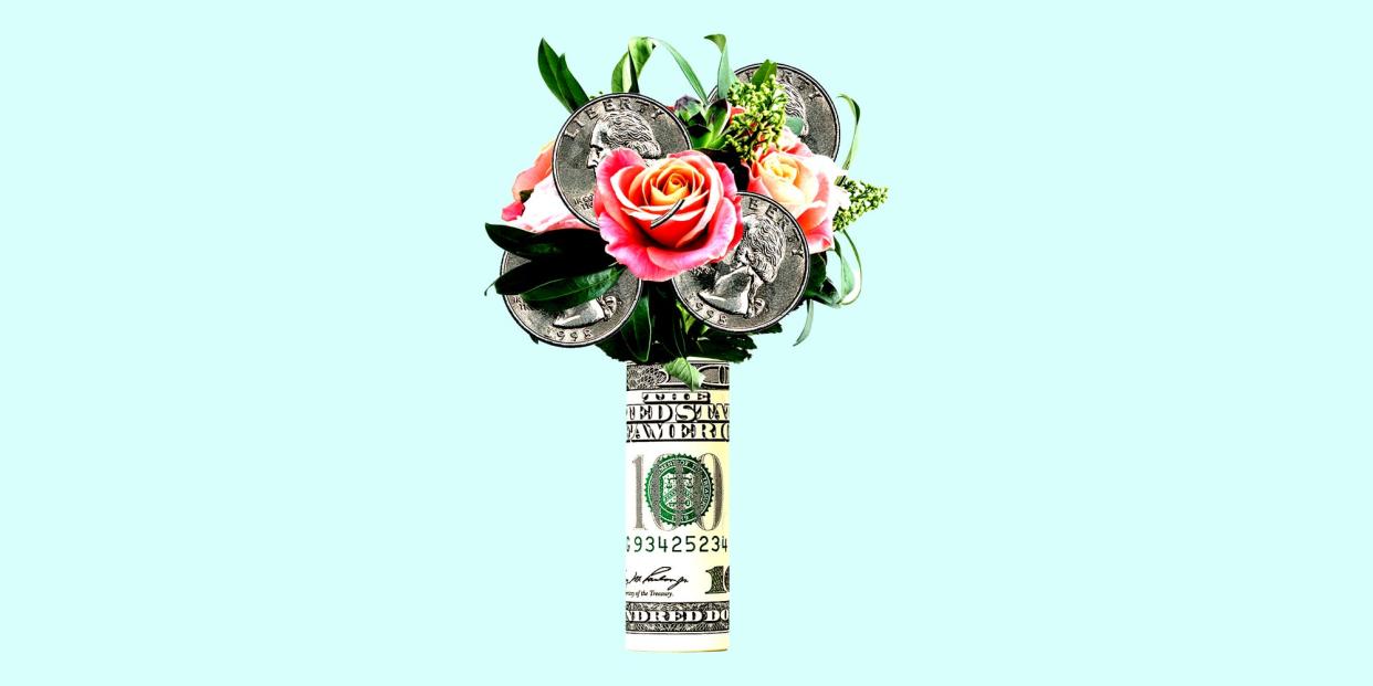 A bouquet of roses and quarters wrapped in dollar bills