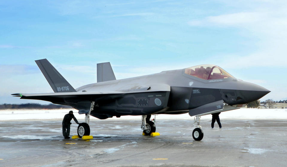 This January 2018, photo shows Japanese Air Self-Defense Force's F-35A stealth fighter at Misawa Air Base in Misawa, northern Japan. Japan approved Friday, Dec. 20 ,2019, a draft defense budget that included cost to develop own fighter jets to succeed the nation's aging warplanes and import some of F-35 stealth fighters as components for assembly at home rather than importing the expensive American warplanes as finished products to reduce costs and acquire expertise. (Kyodo News via AP)