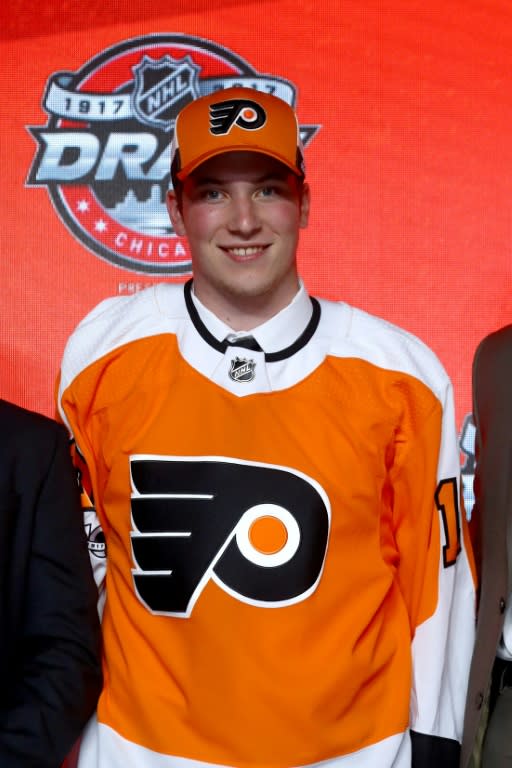 Nolan Patrick poses for a photo after being selected second overall by the Philadelphia Flyers during the 2017 NHL Draft, at the United Center in Chicago, Illinois, on June 23