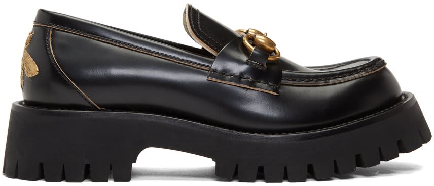 GUCCI Black Leather Lug Sole Loafers