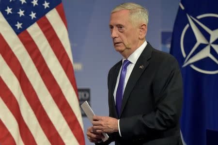 FILE PHOTO: U.S. Secretary of Defence Jim Mattis leaves a news conference after a NATO defence ministers meeting at the Alliance headquarters in Brussels, Belgium on June 29, 2017. REUTERS/Eric Vidal/File Photo