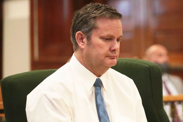 <p>John Roark/Post Register/Pool/AP</p> Chad Daybell listens during his preliminary hearing in St. Anthony, Idaho, on August 3, 2020.