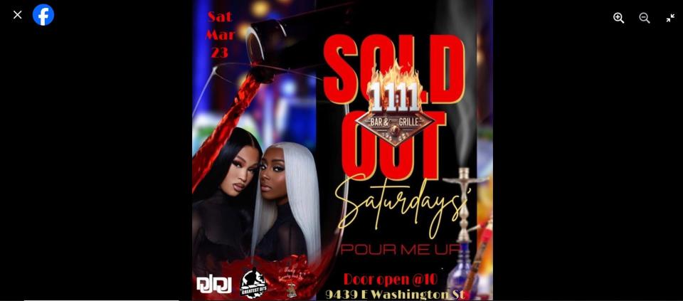 A social media post promotes a 'Sold Out Saturdays' event at 11:11 Bar & Grille. Authorities say a disturbance during the event led to a shooting that left one man dead and five others injured, including a police officer.