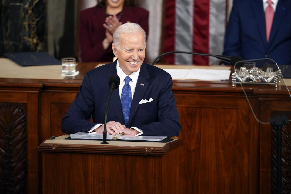 President Joe Biden delivers the State of the Union address to a joint session of Congress at the U.S. Capitol, Tuesday, Feb. 7, 2023, in Washington. (AP Photo/Patrick Semansky)