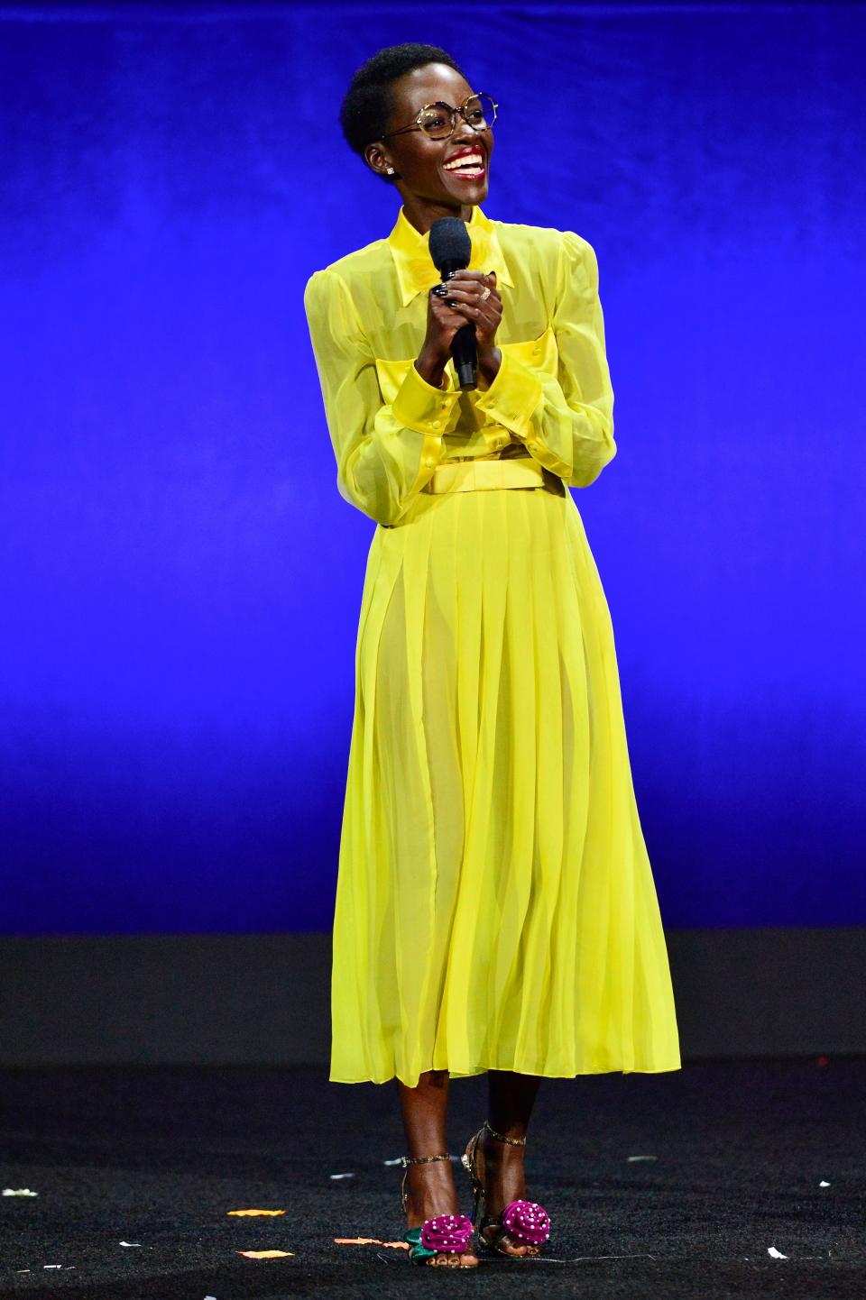 LAS VEGAS, NEVADA - APRIL 10: Lupita Nyong'o speaks onstage during the Universal Pictures and Focus Features Special Presentation, featuring footage from their upcoming slate, during CinemaCon, the official convention of the National Association of Theatre Owners, at Caesars Palace on April 10, 2024 in Las Vegas, Nevada. (Photo by Jerod Harris/Getty Images for CinemaCon)
