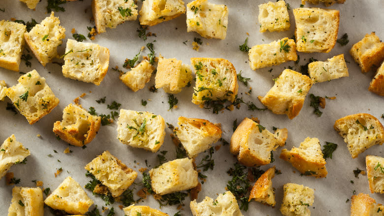 Croutons on parchment paper