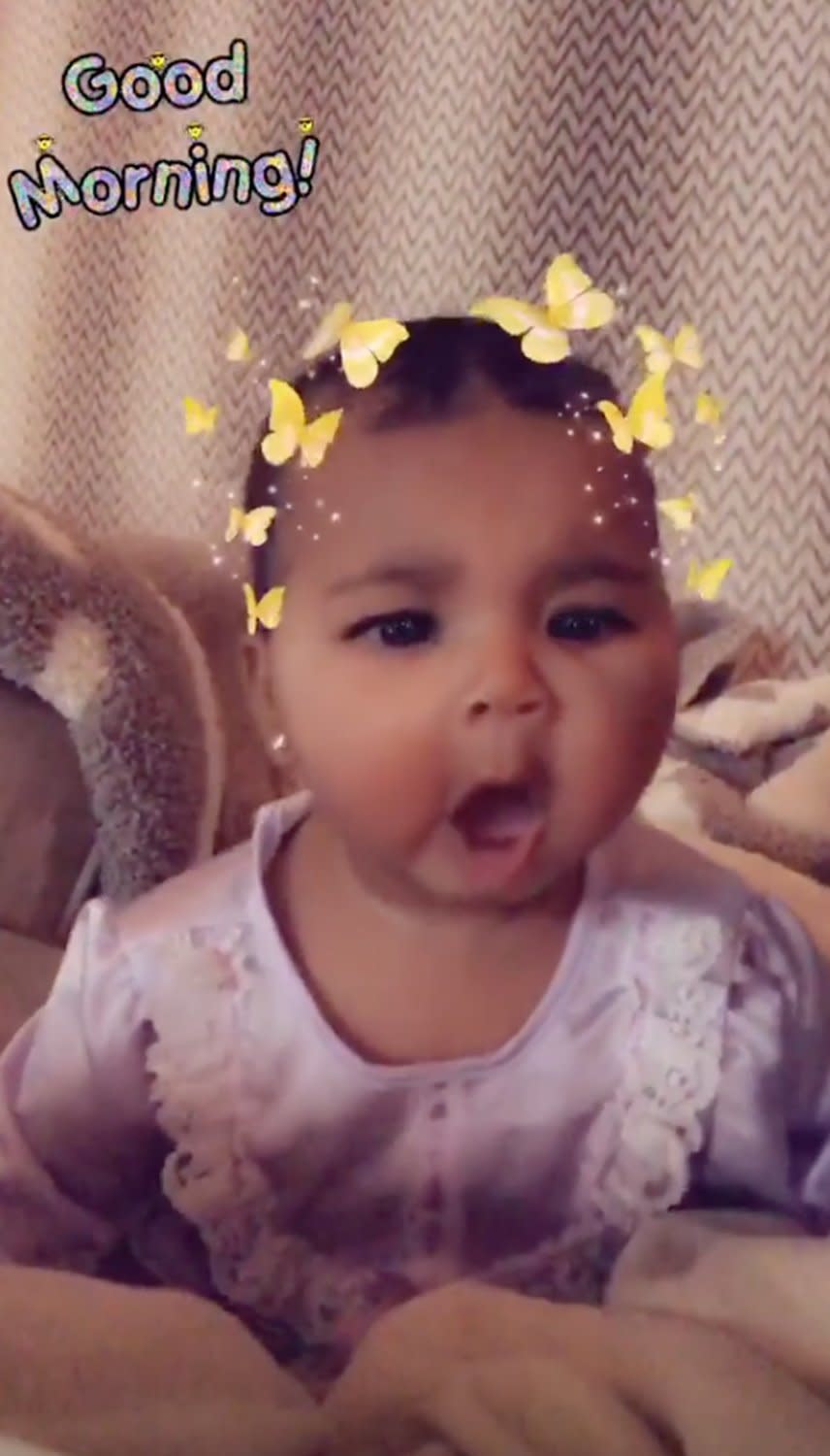 Rise and shine! Khloé <a href="https://people.com/tv/kourtney-kardashian-celebrates-true-thompson-turning-6-months-abs/" rel="nofollow noopener" target="_blank" data-ylk="slk:proudly shared;elm:context_link;itc:0;sec:content-canvas" class="link ">proudly shared</a> some sweet footage of baby True yawning on the morning of her 6-month birthday.