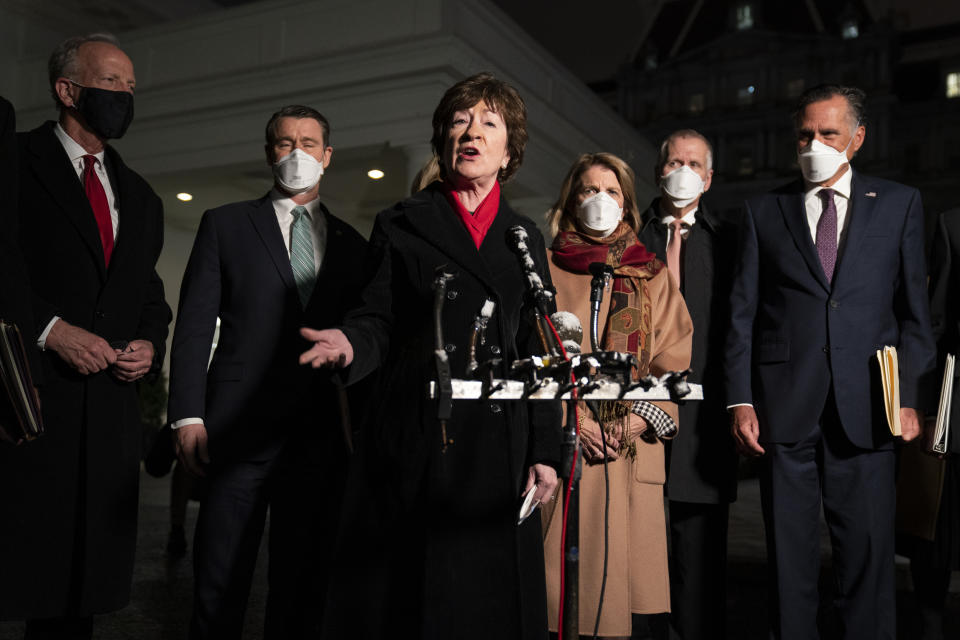 Sen. Susan Collins, R-Maine, speaks after meeting President Joe Biden and Vice President Kamala Harris to discuss a coronavirus relief package, in the Oval Office of the White House, Monday, Feb. 1, 2021, in Washington. (AP Photo/Evan Vucci)