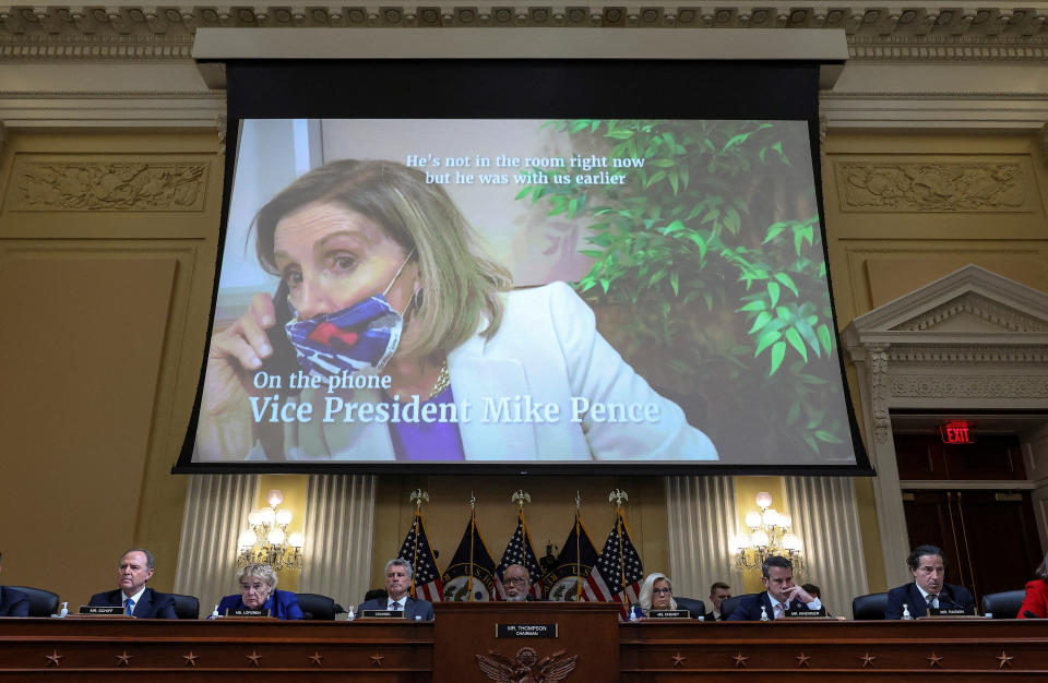 A video of House Speaker Nancy Pelosi is played during Thursday's hearing of the House Jan. 6 committee. (Alex Wong/Getty Images)