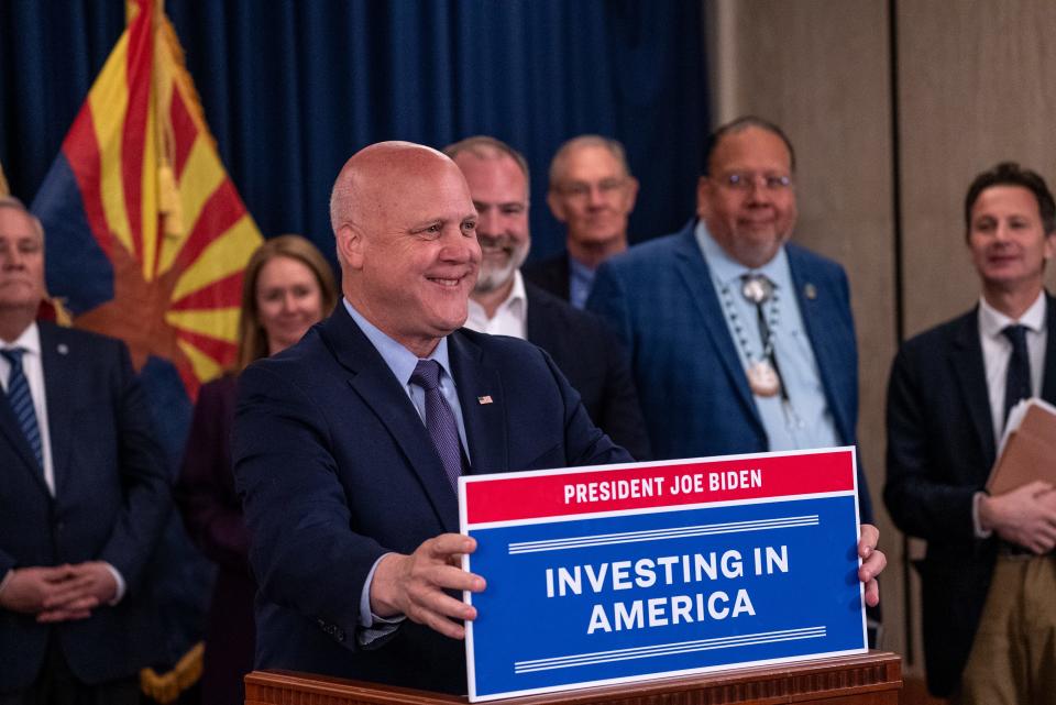 White House Senior Advisor to the President and White House Infrastructure Implementation Coordinator Mitch Landrieu attends a press conference discussing Colorado River conservation investments at the state Capitol in Phoenix on April 6, 2023.