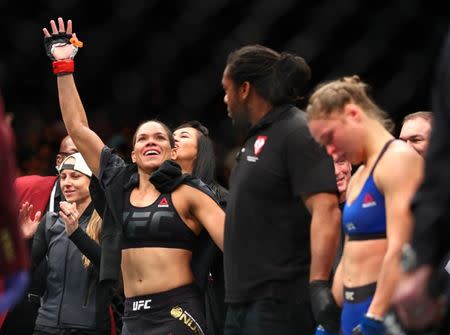 December 30, 2016; Las Vegas, NV, USA; Amanda Nunes reacts after her TKO victory against Ronda Rousey during UFC 207 at T-Mobile Arena. Mark J. Rebilas-USA TODAY Sports