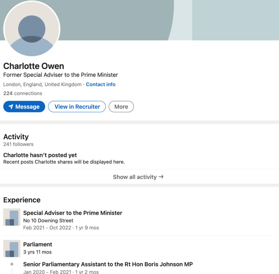 Charlotte Owen’s LinkedIn profile appears to show inconsistencies about the timing of her appointment with Downing Street. (LinkedIn)