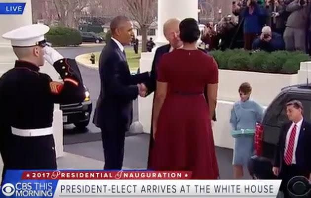 Without waiting for his wife, Trump was seen greeting the Obamas while Melania was still coming around the side of their car. Photo: Youtube