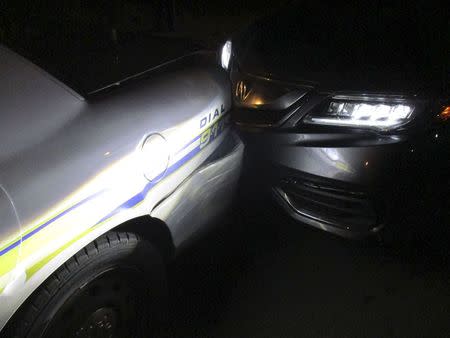 Bryan Police Department photo shows the scene of a crash when a car driven by a 19-year-old Texas A&M University student slammed into the rear of a stopped police patrol car in this photo released in Bryan, Texas, U.S., October 27, 2016. Courtesy Bryan Police Department/Handout via REUTERS