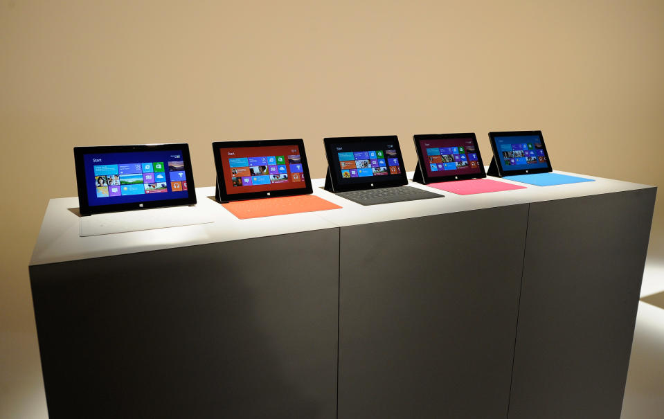 LOS ANGELES, CA - JUNE 18: The Microsoft tablet Surface is unveiled during a news conference at Milk Studios on June 18, 2012 in Los Angeles, California. The new Surface tablet utilizes a 10.6 inch screen with a cover that contains a full multitouch keyboard. (Photo by Kevork Djansezian/Getty Images)