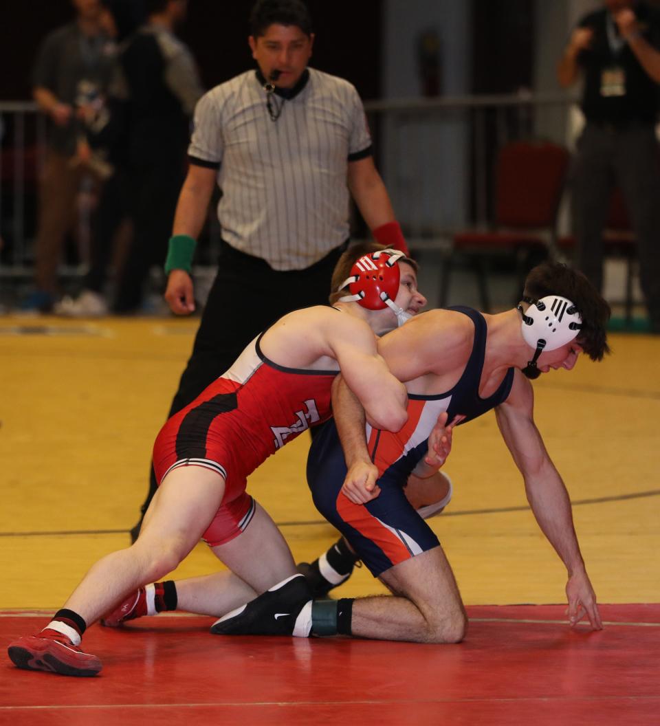 Parker Trento from Tappan Zee wrestles Corey Fitzsimmons from Horace Greeley in the 138 pound match, during the first day of the Section One Division I championships at the Westchester County Center in White Plains, Feb. 10, 2024.