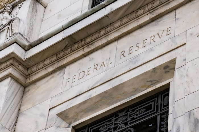 The facade of a Federal Reserve building.