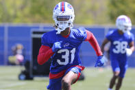 Buffalo Bills safety Damar Hamlin (31) runs to the ball during an NFL football rookie minicamp in Orchard Park, N.Y., Friday, May 14, 2021. (AP Photo/Jeffrey T. Barnes)