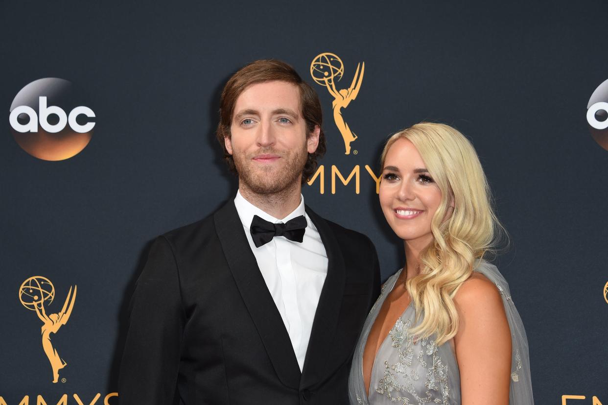 Actor Thomas Middleditch (L) and Mollie Gates arrive for the 68th Emmy Awards on September 18, 2016 at the Microsoft Theatre in Los Angeles.  / AFP / Robyn Beck        (Photo credit should read ROBYN BECK/AFP/Getty Images)