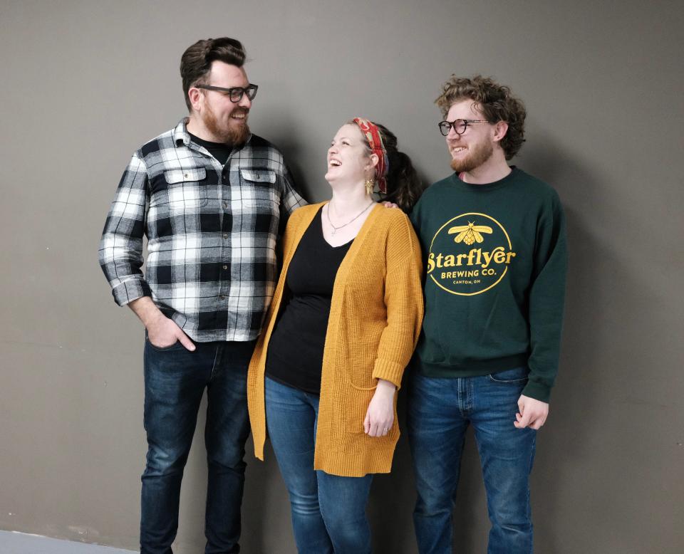 Andrew Archer, left, and his wife, Bailey Archer, along with her brother, Ethan Comfort, are working to open Starflyer Brewing Co. this spring or summer in downtown Canton.