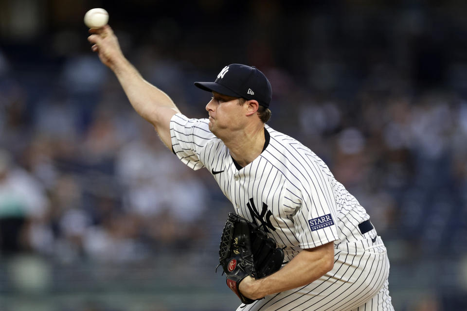 New York Yankees pitcher Gerrit Cole throws against the Detroit Tigers during the first inning of a baseball game Tuesday, Sept. 5, 2023, in New York. (AP Photo/Adam Hunger)